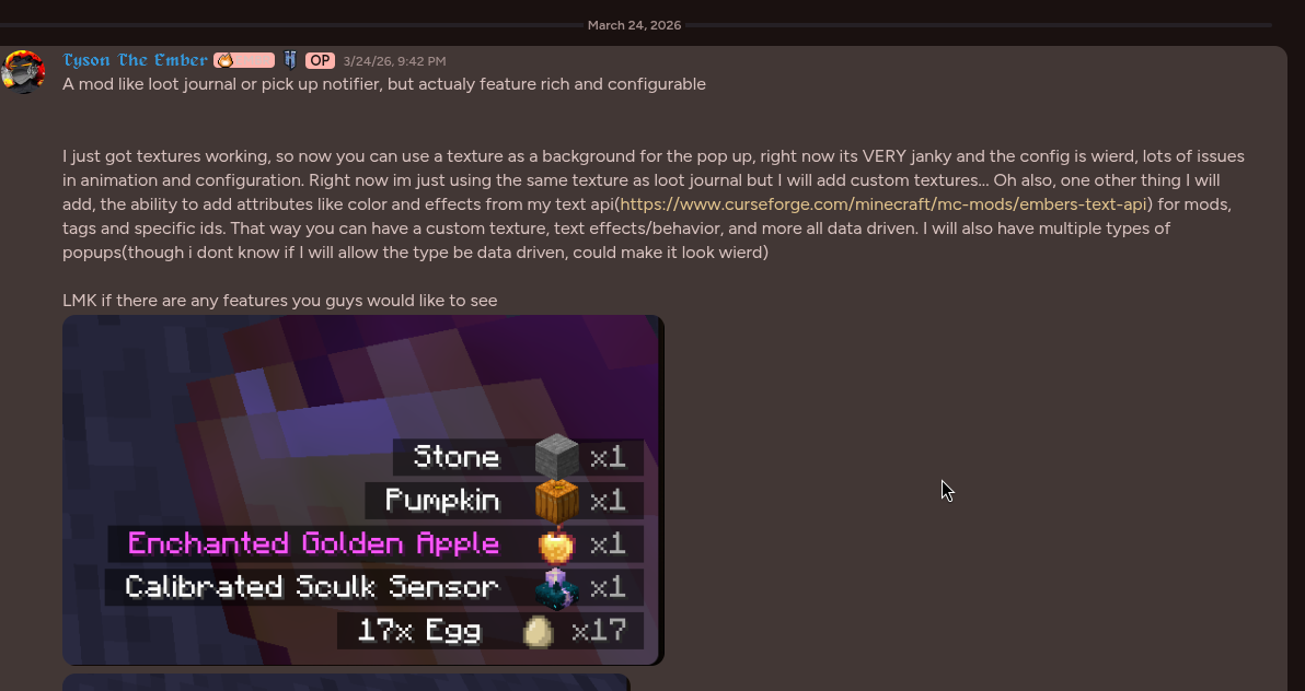 My showcase message in other Discord servers showing early Loot Log development with placeholder textures
