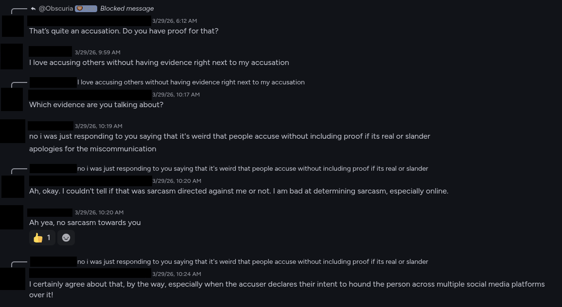 NeoForge Discord - community members questioning Obscuria's accusations and raising defamation concerns