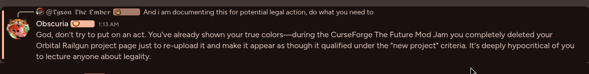 Obscuria claiming I deleted and re-uploaded Orbital Railgun Reforged to game a mod jam