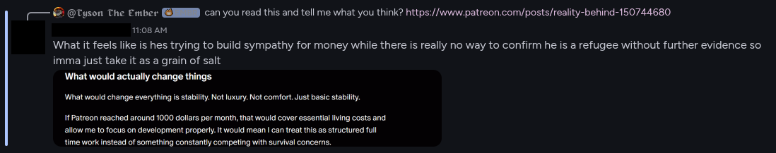 Community member reacting to Obscuria's Patreon post