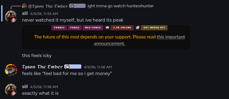 Community members reacting to Obscuria's Discord banner linking to the Patreon post